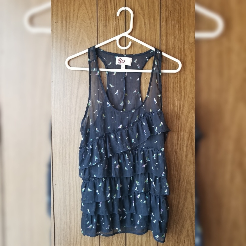 Dark Blue Ruffled SO Tank Top